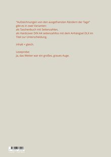 Text beschreibt Buchvarianten und gibt eine Leseprobe: "Ja, das Wetter war ein großes, graues Auge."  Beige Hintergrund.
