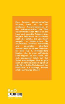 Ein Textblock auf orangefarbenem Hintergrund beschreibt Wissenschaftler, die Systeme vor Katastrophen schützen wollen. Darunter Barcodes und Preise. Gelber Hintergrund.