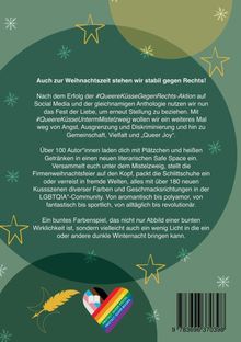 Text über queere Solidarität zur Weihnachtszeit. Hintergrund mit Schneeflocken und Sternen in grünen Farbtönen. Unten Herz-Logo.