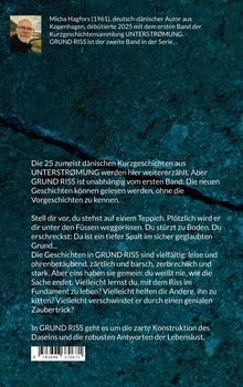 Ein Text über Micha Hagfors und seinen zweiten Band "GRUND RISS". Blau strukturiertes Hintergrundbild mit Barcode.