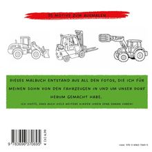 35 Motive zum Ausmalen. Malbuch mit Fahrzeugen. Drei Baustellenfahrzeuge skizziert.