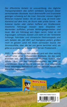 Blauer Himmel, Text über den öffentlichen Verkehr und Kubas Blockade. Unten steht: "Henry Reeve Ejemplo de Solidaridad e Internacionalismo."