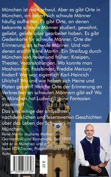 Ein Text beschreibt Münchens Orte für schwule Männer, verfasst von René Martin. Im Hintergrund weht eine Regenbogenflagge.