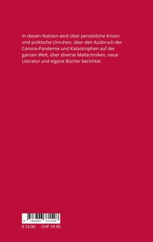 Text über persönliche Krisen, Unruhen, Corona, Maltechniken, Literatur; Preise: €13,00, CHF19,50; roter Hintergrund.