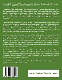 Text spricht über die Entwicklung der Menschheit und kosmische Evolution. Website: www.Justen-Buecher.com. Grüner Hintergrund.