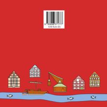 Text: „9,50 Euro (D)“. Illustration: Fünf bunte Gebäude, ein Boot, ein Kranausleger, zwei Fische auf rotem Hintergrund.