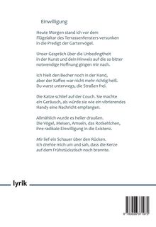 Ein Gedicht mit dem Titel „Einwilligung“, das Szenen eines ruhigen Morgens beschreibt. Unten steht „lyrik“.