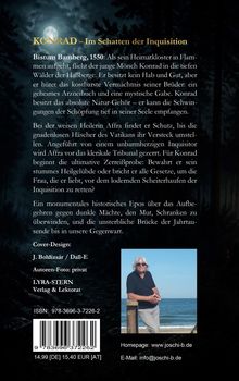 Text: "KONRAD – Im Schatten der Inquisition". Das Cover zeigt einen Wald bei Nacht mit Mondlicht und eine Person am Meer.