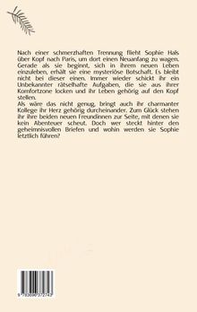 Text über Sophies Neuanfang in Paris und mysteriöse Aufgaben. Oben links ein kleines Blattmotiv. Unten ein Barcode.