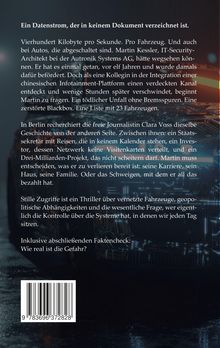 Eine Buchrückseite mit Text über IT-Sicherheit, Intrigen und Kontrolle in vernetzten Fahrzeugen. Unten ein Barcode.