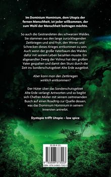 Texte über Utopie, Zeitkriege und Schutzgebiet vor grüner Waldlandschaft. Enthält einen Barcode unten.