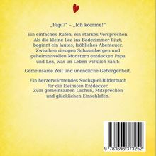 „Papi?“ – „Ich komme!“ Ein herzerwärmendes Suchspiel-Bilderbuch für Kinder. Gelber Hintergrund mit rotem Herz.