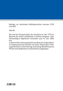 Weißer Hintergrund, blauer Balken oben. Text über sächsische Militärgeschichte, Heft 98, behandelt Kavallerie und Organisation.