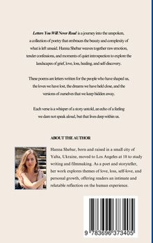 "Letters You Will Never Read" beschreibt eine Poesiesammlung über Emotionen und Selbstentdeckung. Unten ein Autorenfoto.