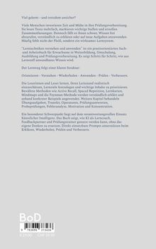 Ein Infotext beschreibt ein Buch über Lerntechniken. Struktur: Orientieren, Verstehen, Wiederholen, Anwenden, Prüfen, Verbessern. Preisangabe: €29,00 und CHF 39,90.