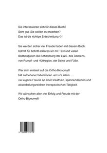 Text über ein Buch zur Ortho-Bionomy®, verspricht Freude und Erfolg bei der Anwendung. Enthält ISBN-Barcode.