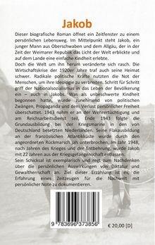 "Jakob" in orange. Biografischer Roman über Jakobs Lebensweg von einfacher Kindheit bis 1948. Preis: 20 Euro. Hintergrundbild.