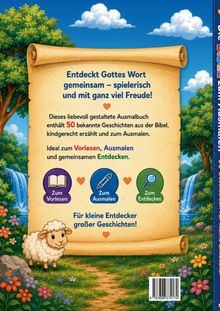 Text: "Entdeckt Gottes Wort gemeinsam – spielerisch und mit ganz viel Freude!" Darunter sind Symbole für Vorlesen, Ausmalen, Entdecken. Illustration: Ein Schaf in bunter Landschaft.