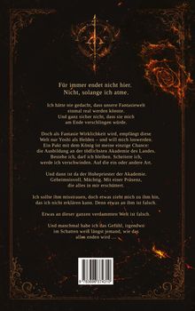 Für immer endet nicht hier. Nicht, solange ich atme. Ornamente und ein mystisches, brennendes Symbol im Hintergrund.