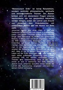 Text beschreibt den Roman "Reisewunsch Erde" mit philosophischen, spirituellen und wissenschaftlichen Themen. Hintergrund: Sternenhimmel.