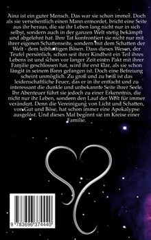 Ein Text beschreibt Ainas Kampf gegen das Böse und eine Apokalypse. Unten ein stilisiertes Herz, umgeben von Weltraum.
