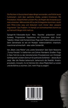 Orange und weißer Text auf schwarzem Hintergrund beschreibt ein Buch über progressive Politik. Rechts unten ist teilweise ein Arm sichtbar.