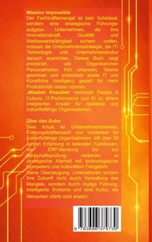 "Mission Impossible" über Fachkräftemangel. Uwe Knust: Unternehmensberater für Zukunftsfähigkeit. Hintergrund: orange mit Schaltkreismuster.