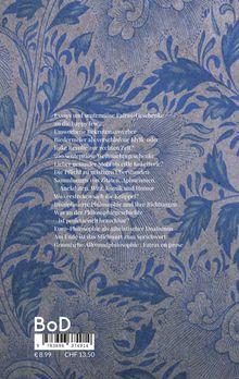 Titel und Texte beschreiben Essays, Zitate, Philosophie und Humor, vor floralem blauen Muster auf grauem Hintergrund.