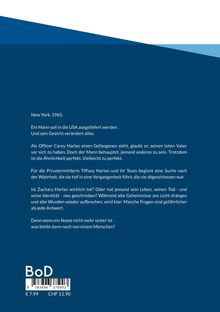 Text über mysteriöse Identität, Ermittlungen und Geheimnisse, spielt 1965 in New York. Blaue Hintergrundgestaltung.