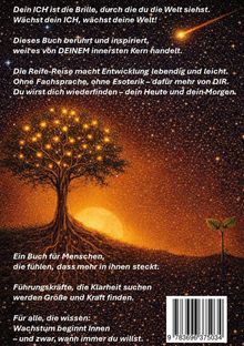 Texte: Aussagen über persönliches Wachstum und Selbstfindung. Illustration: Ein Baum mit leuchtenden Lichtern vor Sternenhimmel.