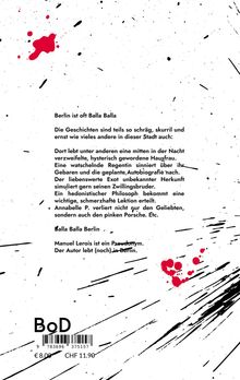 Texte beschreiben skurrile Geschichten in Berlin, wie eine verzweifelte Hausfrau und eine watschelnde Regentin. Schwarze und rote Spritzer dekorieren den Hintergrund.