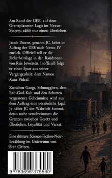 Text über das Überleben und persönliche Jagd im Nexus-System, Science-Fiction-Noir. Im Hintergrund eine düstere Stadt bei Dämmerung. Menschen laufen durch eine Straße voller Schutt.