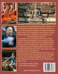 Drei Fotos mit buddhistischen Mönchen und buddhistischen Themen. Text beschreibt den Einfluss und die Vielfalt des Buddhismus. ISBN 9783696375676.