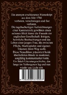Text über ein anonymes Manuskript von 1786, das Intrigen und gesellschaftliche Einsichten bietet. Verziert mit floralen Mustern.