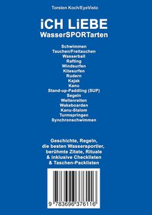 "Ich liebe Wassersportarten" in Weiß auf Blau. Eine Liste von Sportarten darunter, mit Hinweisen auf Inhalte wie Geschichte und Regeln.