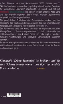 Text über ein Buch "Klimacafé Grüne Schnecke", Rezension von "A Friend", ISBN und Preisangabe. Lila Hintergrund.