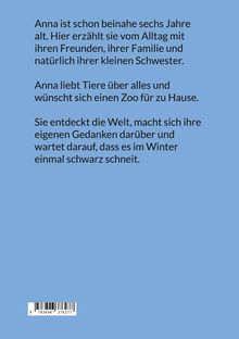 Text über ein sechsjähriges Mädchen, das Tiere liebt, ihre Gedanken teilt und auf schwarzen Schnee wartet. Hintergrund blau.