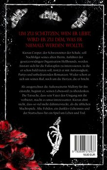 Oben: "UM ZU SCHÜTZEN, WEN ER LIEBT...". Text beschreibt Kieran Coopers Dilemma. Rote Blumen und ein Skelett mit Motte.