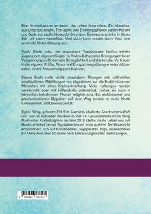 Text über Yoga als Unterstützung bei Krebsdiagnose, beschreibt Übungen zur Entspannung und Autorin Sigrid König. Hintergrund: bunte Gestaltung.