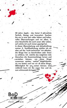 Text über 50 Jahre Apple und Design. Hintergrund mit schwarzen Spritzern und roten Tintenflecken, ISBN-Barcode unten.