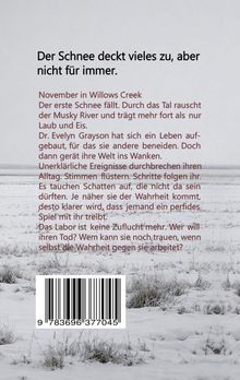 Der Text erzählt von Dr. Evelyn Grayson in einem verschneiten Ort. Ein Barcode ist unten auf einer schneebedeckten Wiese sichtbar.
