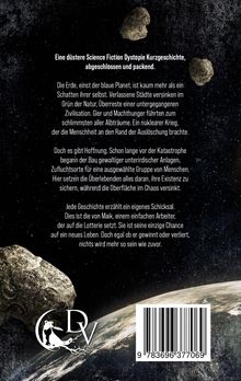 Ein düsterer Science Fiction Dystopie Text beschreibt eine postapokalyptische Erde. Im Hintergrund Asteroiden und ein Planet.