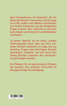 Text über ein Buch, das Generationendialog und gegenseitige Verständigung betont. Hintergrund: Hellgrün. Unten: Barcode.