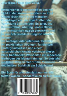 Texte: „Der Bogen folgt dem Geist.“ Erfolgreiches Bogenschießen beginnt nicht in den Armen – sondern im Kopf... Ein Barcode ist unten zentriert abgebildet. Im Hintergrund sind unscharf Tierköpfe erkennbar.