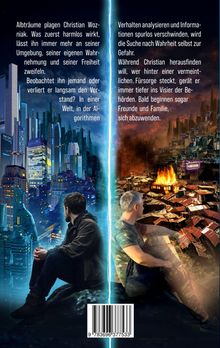 Ein Stadtbild geteilt durch einen Blitz. Links Sci-Fi-Stadt mit Mann, rechts Slums mit anderem Mann. Text über Albträume.