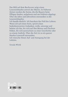 Text beschreibt, wie aus gesammelten Steinen Lesestoff entsteht. Wunsch für anregende Lektüre. Ursula Wirth. Hintergrund grau.