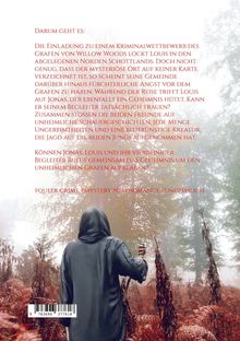 Text über Krimiwettbewerb, geheimnisvolle Reise und mysteriösen Grafen. Eine Person im Kapuzenmantel in nebligem Wald.