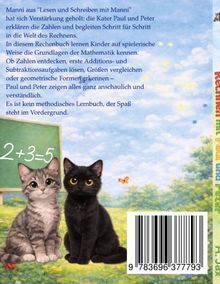 Text oben: Einführung in die Welt des Rechnens mit Paul und Peter, spielerisches Mathematiklernen für Kinder.

Zwei Kätzchen sitzen auf einer Wiese vor einer Tafel mit der Rechnung „2 + 3 = 5“.
