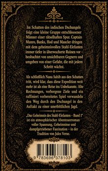 Text in goldener Schrift auf dunklem Hintergrund beschreibt eine Abenteuerreise im indischen Dschungel voller Gefahren. Ornate Ranken und Ornamentik umrahmen den Text. Barcode unten.