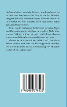 Text über Gärten, Pflanzen aus Gartencentern, Natur und Lebensweise. Darunter ein Barcode. Hintergrund in Hellblau.
